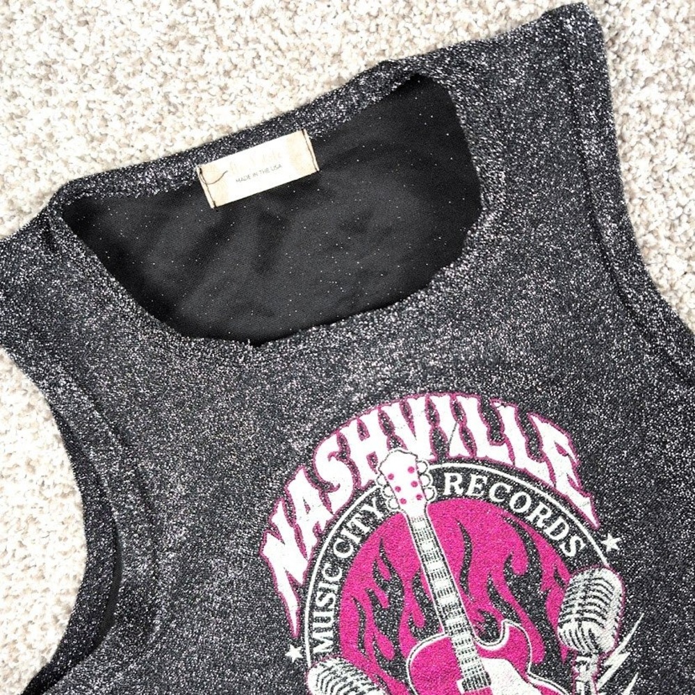 Altar'd State Nashville Music City Records Glitter Tank‎ Top Crop Top - Large